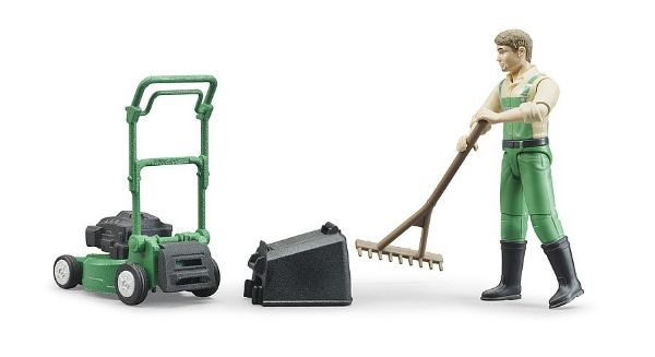 Image de Jardinier avec tondeuse à gazon et équipement